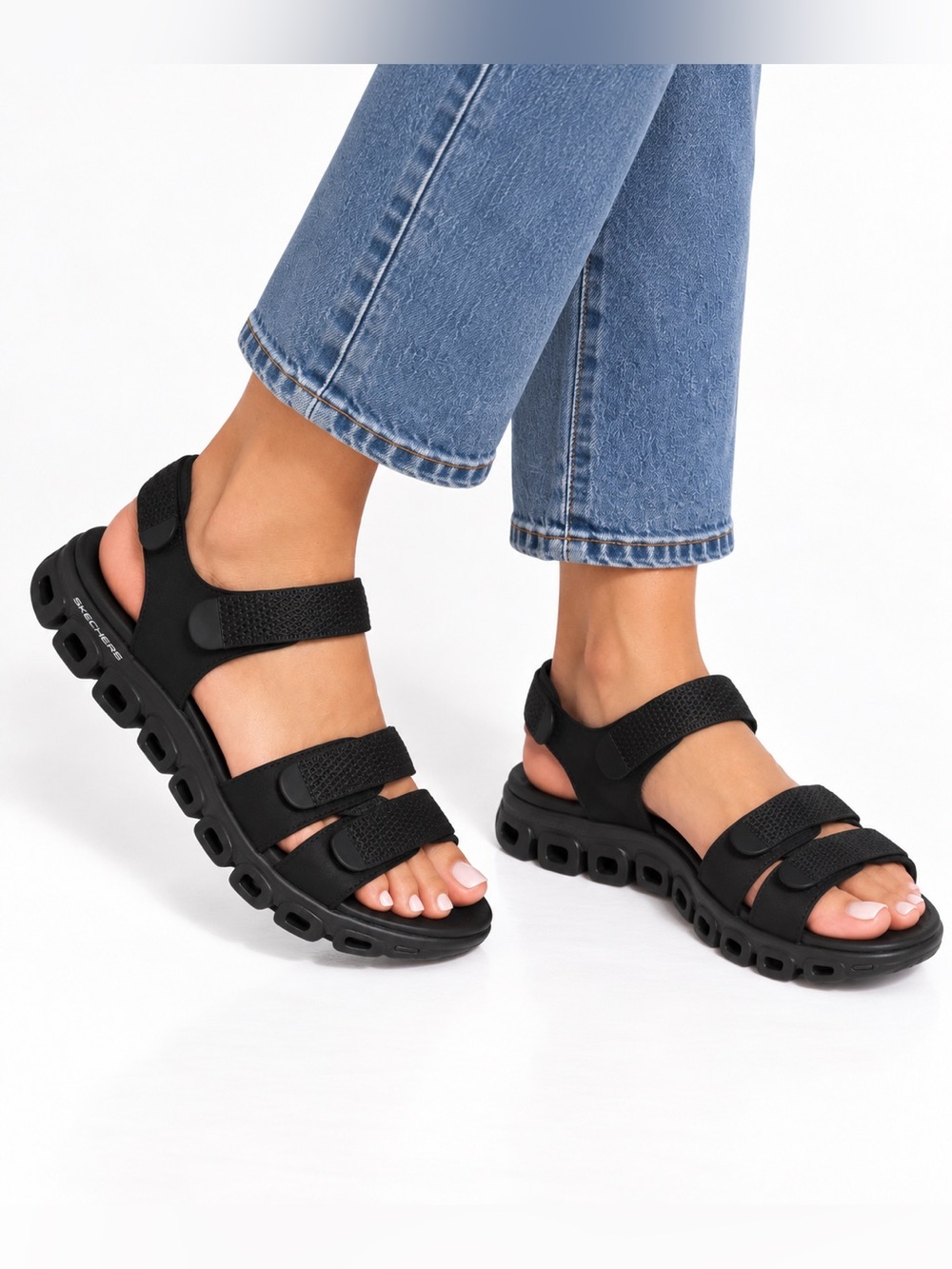 Skechers NWT Glide Step Count on Me black sandals women’s 9